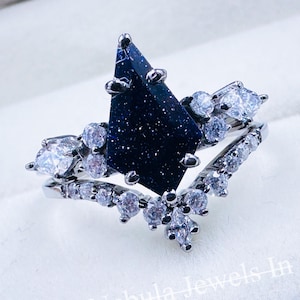 Gold Blue Sandstone Kite Engagement Ring Set With Moissanite Accents For Her Unique Gold Bridal Jewelry Promise Ring Gift