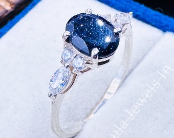 Blue Sandstone Ring: Sterling Silver CZ Celestial Engagement Jewelry