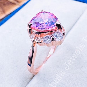 Pink Heart Cut Engagement Ring in Rose Gold with CZ Accents, Romantic Statement Ring, Valentine Proposal Ring Gift for Her, Handmade Love