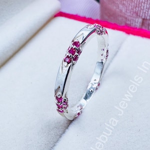 Pink Cubic Zirconia Eternity Band Ring in Sterling Silver, Dainty Stacking Ring for Women, Delicate Anniversary or Promise Gift Jewelry