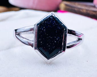 Vintage Hexagon Blue Sandstone Engagement Ring | Art Deco Wedding Ring for Women | Unique Blue Sandstone Bridal Ring Anniversary Gift