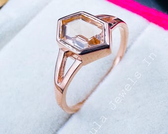 Unique Long Hexagon Cut Natural Morganite Engagement Ring in 14K Rose Gold, Art Deco Split Shank Solitaire Bridal Ring Gift for Women