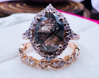 Unique Oval Cut Black Rutilated Quartz and Diamond Engagement Ring Set | Rose Gold Halo Wedding Promise Ring | Black Stone Bridal Set