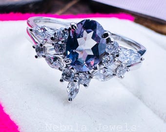 Art Deco Alexandrite Engagement Ring Set, Sterling Silver Gold Bridal Set