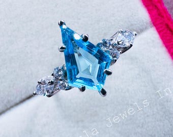 Kite Cut Swiss Blue Topaz Engagement Ring | Vintage White Gold Moissanite Cluster Ring | Bridal Promise Ring for Women Anniversary Gift