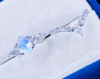 Rainbow Moonstone Pear Engagement Ring Set: Moissanite Chevron Band, Sterling Silver Bridal Jewelry