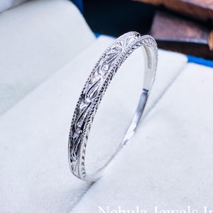 Fede nuziale in filigrana Bracciale vintage in argento Bracciale Milgrain da donna Polsino in stile antico Bracciale in argento massiccio Regalo per lei Gioielli fatti a mano