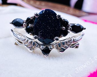 Vintage Blue Sandstone Engagement Ring Set For Women, Galaxy Sparkle Promise Ring, Black Onyx Bridal Stackable Ring, Unique Anniversary Gift