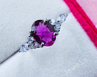 Handmade Rhodolite Garnet Ring: Sterling Silver, White CZ Accents