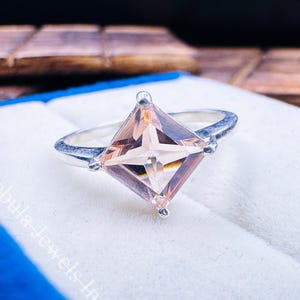 Princess Cut Morganite Engagement Ring: Sterling Silver Solitaire