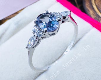 Vintage Art Deco Alexandrite Engagement Ring, Sterling Silver Cluster