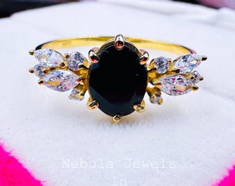 Oval Cut Black Onyx Engagement Ring with Marquise Moissanite Ring, Unique Vintage Style Statement Ring, Bridal Anniversary Gift Jewelry