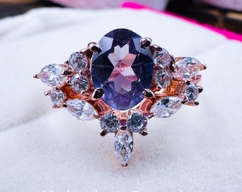 Elegant Alexandrite Wedding Ring Set For Women, Art Deco Alexandrite Engagement Ring Set, Dainty Gold Bridal Set, Promise Proposal Ring Gift