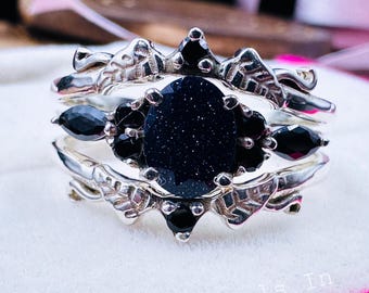 Oval Galaxy Blue Sandstone Engagement Ring Set 3pcs, Blue Goldstone Wedding Ring For Women, White Gold Black Moissanite Bridal Jewelry Gift