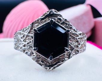 Men Black Onyx Signet Ring Sterling Silver | Hexagon Cut Onyx Ring | Vintage Textured Band | Gothic Statement Jewelry | Unique Men Gift