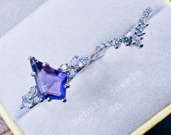 Kite Cut Tanzanite Engagement Ring Set: 14k White Gold Marquise Diamond Bridal Ring