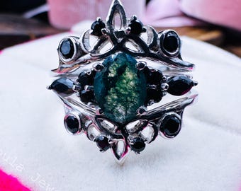 Oval Cut Moss Agate Engagement Ring Set 3pcs • 14K White Gold Art Deco Bridal Set • Wedding Ring for Women • Unique Fine Jewelry
