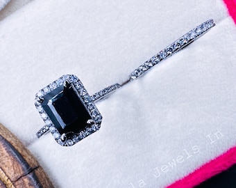 Juego de anillos de boda de plata de ley con ónix negro talla esmeralda