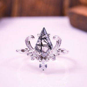 Kite Cut Black Rutilated Quartz Ring: Sterling Silver Crescent Moon & Deer Horn