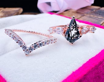 Conjunto de anillos de cuarzo rutilado negro: joyería nupcial Art Déco de moissanita en oro rosa