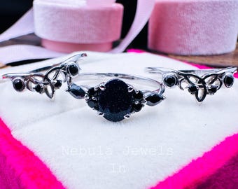 Oval Galaxy Blue Sandstone Engagement Ring Set 3pcs, Blue Goldstone Wedding Ring For Women, White Gold Black Moissanite Bridal Jewelry Gift