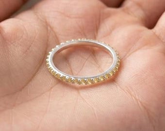 14K Solid Gold Dainty Yellow Sapphire Wedding Band, Minimalist Stacking Ring, September Birthstone Ring