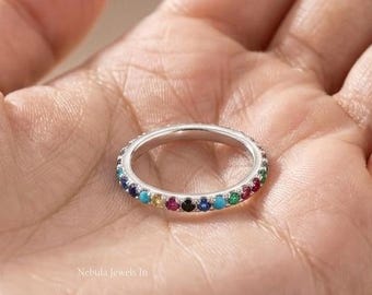 14K Gold Rainbow Full Eternity Band, Colorful Multi Stone Wedding Ring, Delicate Rainbow Stacking Ring, Anniversary Gift for Her
