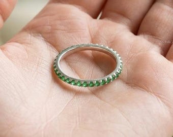 Delicate Emerald Full Eternity Band, 14K Gold Stacking Ring, May Birthstone Wedding Band, Dainty Gemstone Promise Anniversary Ring