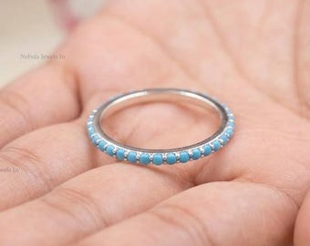 Turquoise Eternity Band, Minimalist Turquoise Ring, Full Eternity Stackable Ring, Turquoise Women Ring, Gift for Her, Christmas Gift