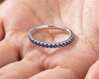 925 Sterling Silver Blue Sapphire Eternity Band, Minimalist Thin Wedding Ring, Midi Ring, Stackable Band, Gift for Her