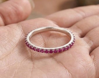 Handmade Natural Ruby Full Eternity Ring, 14K White Gold Wedding Band, Stackable Ring, Anniversary Gift