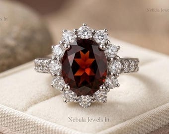 Oval Garnet & Diamond Halo Ring | 14K White Gold Dainty Engagement Ring | January Birthstone Promise Ring | Red Gemstone Anniversary Gift