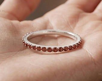 Garnet Birthstone Eternity Ring, Sterling Silver Stacking Ring, Tiny Minimalist Wedding Band, January Birthstone Ring, Dainty Gift for Her