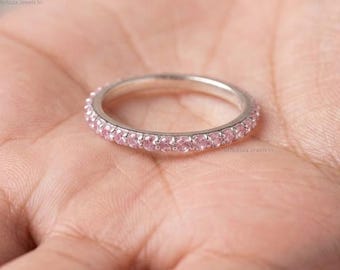 Pink Tourmaline Full Eternity Band, 10K Gold Mothers Ring, Elegant Birthstone Ring for Women, Silver Gemstone Ring, Birthday Gift for Wife