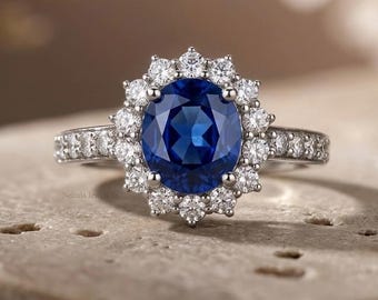 Sapphire Engagement Ring, Royal Blue Oval Cut Halo Ring, September Birthstone Jewelry, Proposal Ring, Promise Ring, Travel Ring Gift