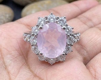 Oval Rose Quartz Engagement Ring, Art Deco Sakura Halo Ring, 14K White Gold Plated Vintage Wedding Band