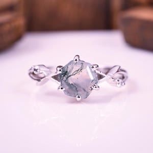 Moss Agate Hexagon cut engagement ring Anniversary ring jewelry gift Handmade Ring for gril, Birthstone ring Unique rose gold promise ring