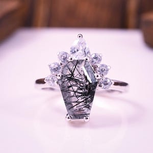 Natural Black Rutile Quartz gemstone engagement ring Wedding ring bridal rings birthstone ring Coffin Ring Coffin Rutile Quartz For Her