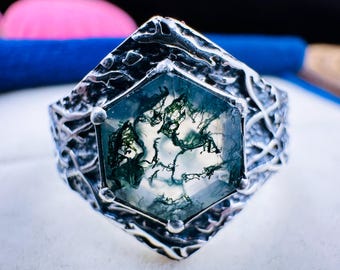 モスアゲートの六角形リング：スターリングシルバーの枝角デザイン