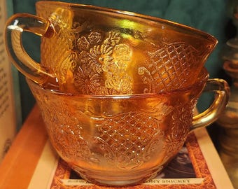 Vintage Federal Normandie Marigold Carnival Glass Lattice and Daisy Teacups/Punch Cups