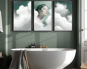 Emerald Dreamscape Triptych: Set of 3 Neutral Wall Art Prints, Minimalist Decor, Digital Downloads for Contemporary Spaces, Surreal Woman