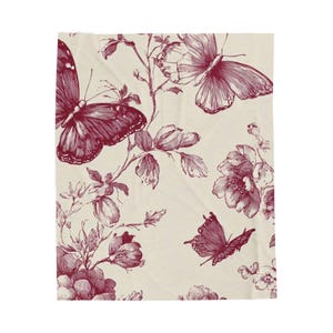 Manta de felpa de terciopelo con estampado botánico vintage y mariposas / Manta con estampado floral Toile