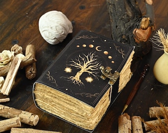 Diario de cuero de grimorio grande de 400 páginas, diario con estampado del árbol de la vida, libro de hechizos en blanco, libro de sombras, regalos celestiales de cuero para él y para ella