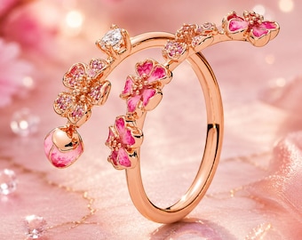 Peach Blossom Petal Ring for Women, Gold Floral Ring, Adjustable Dainty Ring, Nature Inspired Jewelry, Gift for Her, Minimalist Ring