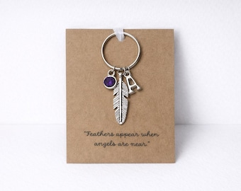 Personalisierte Feder Geburtsstein Anfang Silber Trauer Engel Schlüsselring verloren geliebt einen Taschenanhänger