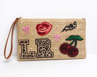 Beige woven clutch holiday beach club initials personalised ibiza vibes party bag patches leopard print light night glitter pearls greece