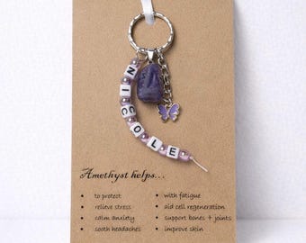 Personalisierter Schlüsselanhänger Taschenanhänger mit Namen Amethyst Kristall Heilstein