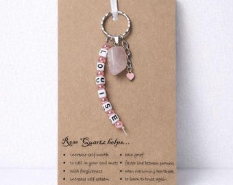 Personalisierte Name Rosenquarz Liebe natürlichen Kristallstein Heilung Schlüsselanhänger Taschenanhänger