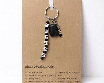 Personalisierte Name Schwarz Obsidian Kristall Heilung Schlüsselanhänger Taschenanhänger