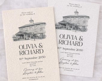 A5 Creme Ivory/Weiß gemasert Hochzeit lädt Druck Skizze Zeichnung Hochzeitsort personalisiert